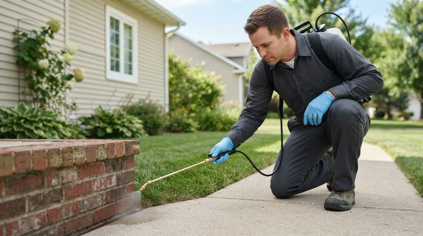 Pest control technician treating a home near Randolph Center, VT
