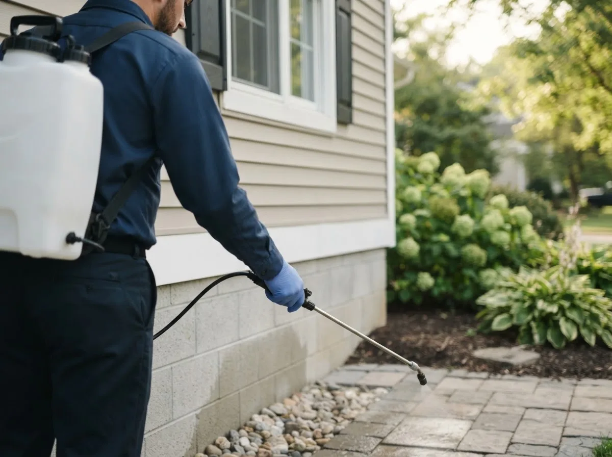Pest control technician inspecting a home in Randolph Center, VT